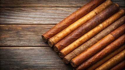 A row of premium Cuban cigars resting on a weathered wooden table