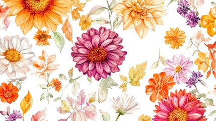 Watercolor Floral Pattern with Sunflowers  Daisies  and Dahlias