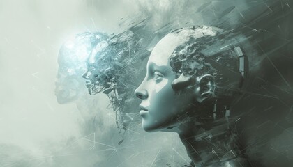 An artistic digital image of a woman's face disintegrating into smoke or clouds