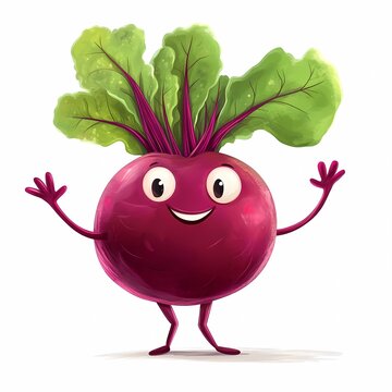 A cute cartoon rootbeet with a smiling face big eyes, little arms and legs, in a playful style, with a clean white background