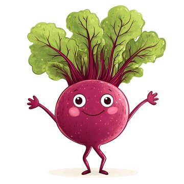 A cute cartoon rootbeet with a smiling face big eyes, little arms and legs, in a playful style, with a clean white background