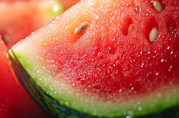 a freshly cut watermelon with visible seeds and juice droplets