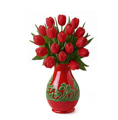 Vase with a bouquet of red tulips.