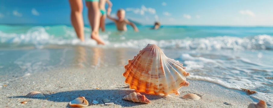Close-up of a seashell on a sandy beach with people playing in the ocean in the background under a bright, sunny sky.