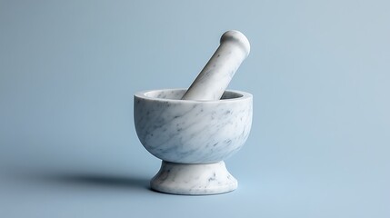 White Marble Mortar and Pestle on Blue Background