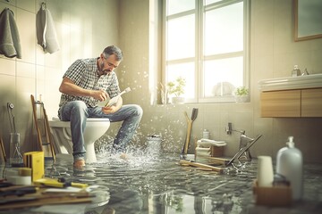 Flooded Bathroom with Man and Toilet Overflow