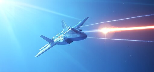 A modern low poly jet fighter soaring through the sky at high speed, with afterburners blazing and a clear blue sky in the background