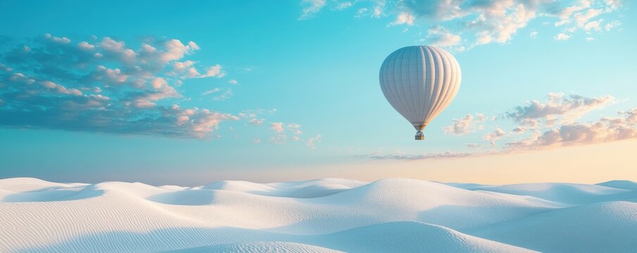White hot air balloon gracefully soaring over serene white sand dunes under a clear blue sky