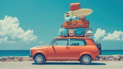 A family packing a car with luggage, surfboards, and beach gear, ready for a fun summer road trip. Room for text in the sky.