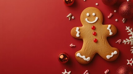 Christmas banner, gingerbread man on red background with copy space at Christmastime. Tradition of Happy Christmas. Joyful celebrations with festive joy and sweet treats. flat lay, top view