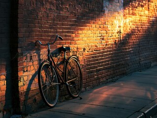 A solitary bicycle rests against a brick wall, illuminated by warm sunlight, creating a serene and nostalgic urban scene.