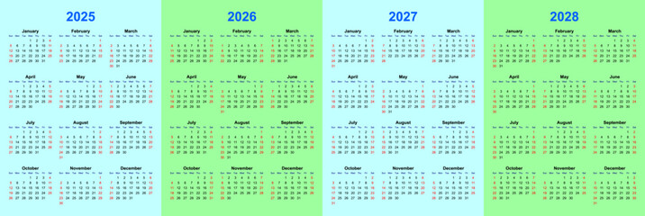 Simple calendar set for 202528 years. vector calendar for diary, mockup, advertisement, company promotion etc use. 