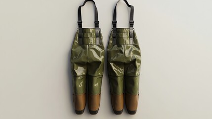 Green Rubber Waders with Black Straps and Brown Boots