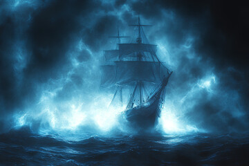 Ghost ship, sailing through a stormy night, spectral glow, Watercolor style