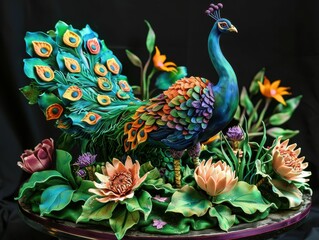 Obraz premium A vibrant, intricately detailed peacock surrounded by colorful flowers, showcasing artistry and natural beauty against a dark background.