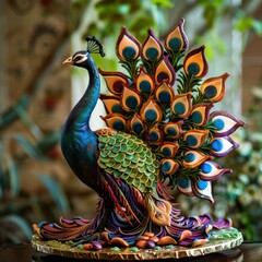 Obraz premium A vibrant, intricately designed peacock sculpture with colorful feathers, set against a lush background, showcasing artistry and beauty.
