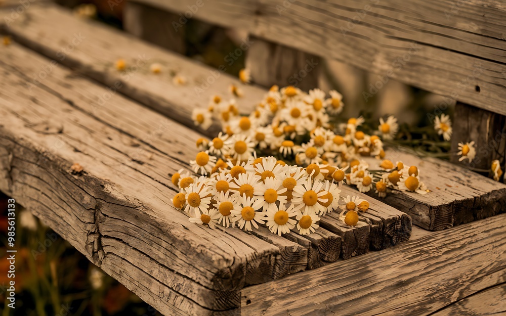 Wall mural a bouquet of daisies on a wooden bench.