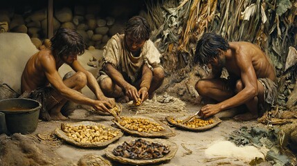 Three Primitive People Preparing Food in a Stone Age Setting