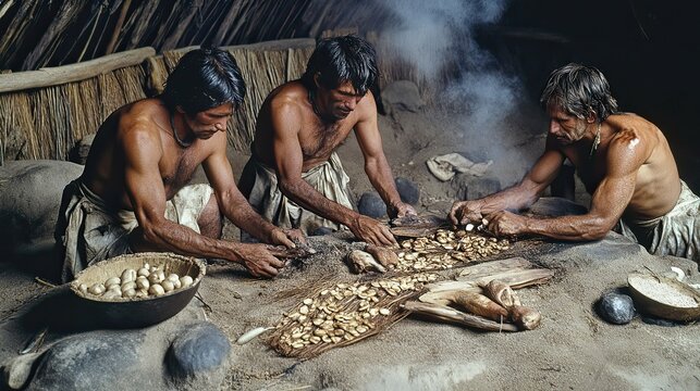 Three Indigenous Men Preparing Food in a Hut