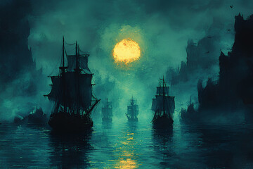 Obraz premium Ghostly pirate crew, returning to their cursed treasure, eerie island, Watercolor style
