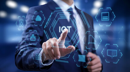 Obraz premium IOT, business suit interacting with a futuristic IOT interface, Internet of Things, smart technology, digital interaction, IoT integration