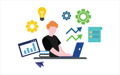 Program management concept. businessman working on the laptop. colorful business icons. graphic picture. high quality. illustration graphic vector design