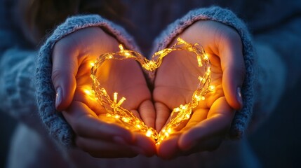 Female hands holding heart shaped glowing christmas lights