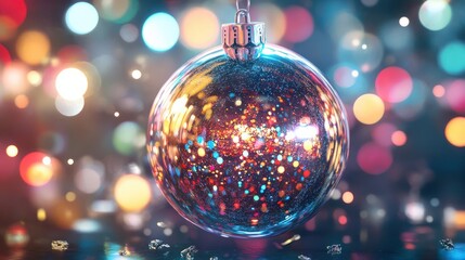 Obraz premium Futuristic Christmas ornament with glowing lights and vibrant bokeh effects. Perfect for festive backgrounds and holiday-themed designs.