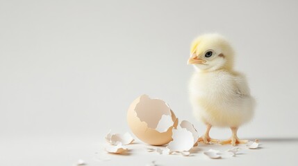A baby chick stands in front of an egg that has been cracked open