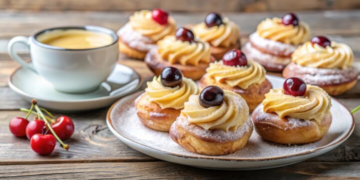 Traditional Italian zeppole di san giuseppe dessert with espresso coffee, filled with custard cream and black cherries, perfect for Saint Joseph's Day or Father's Day celebration