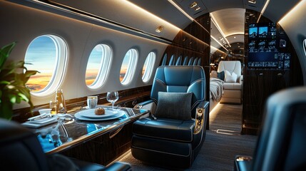 Fototapeta premium Step into a luxurious private airplane interior featuring soft lighting, plush seating, and elegant decor that captures the essence of an extraordinary life in the sky.