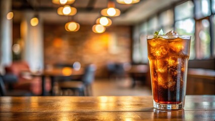 Cola with ice cubes on table at coffee shop, with soft focus