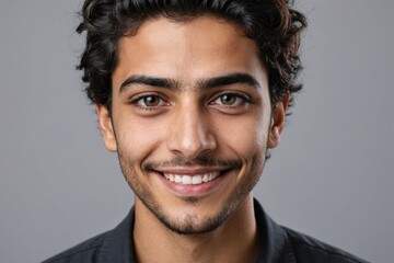 Obraz premium Full framed very close face portrait of a smiling young arabic non binary with gray eyes looking at the camera, studio shot,gray background.