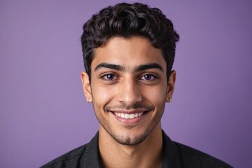 Obraz premium Full framed very close face portrait of a smiling young arabic non binary with violet eyes looking at the camera, studio shot,violet background.