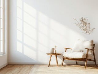Minimalist Living Room with Sunlight and Wooden Chair