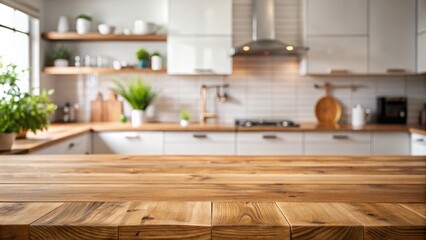 A close-up shot of a wooden table top with a blurred kitchen in the background