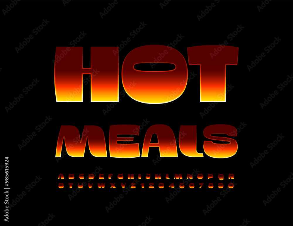 Wall mural vector delicious poster hot meals for cafe, menu and restaurant. flaming unique font. bright fire al