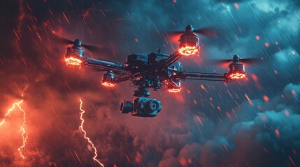 Drone flying through a stormy sky with lightning strikes in the background.