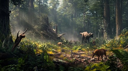 Dinosaurs in a Misty Forest Landscape