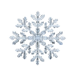 Crystal clear close-up of a perfectly symmetrical snowflake on a transparent background, highlighting the intricate ice patterns.