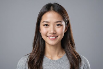 Obraz premium Full framed very close face portrait of a smiling young asian woman with gray eyes looking at the camera, studio shot,gray background.