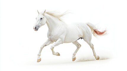 Obraz premium A white horse with red mane and tail runs through the sand