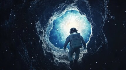 Obraz premium Astronaut walking towards the light through a cave.