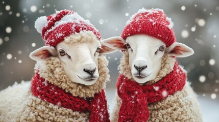 Two sheep wearing in warm red knitted scarf and hat in the snow. Dressed sheep on blurred snowy winter background. Wildlife scene from the wild nature. Christmas banner, card, poster with copy space