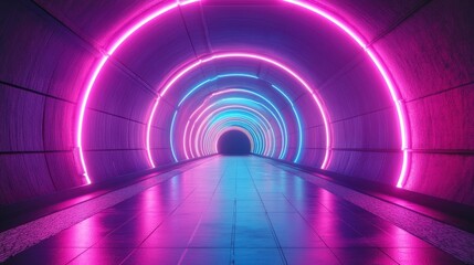 Futuristic neon tunnel with pink and blue glowing circles.