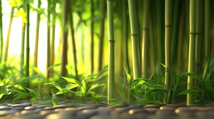 Obraz premium Close-up of green bamboo stalks with sunlight shining through them. There are smooth, gray stones in the foreground and a small amount of greenery growing in the front.
