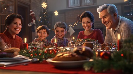 A festive family gathering around a dinner table, celebrating Christmas with three generations, sharing smiles, and joy.