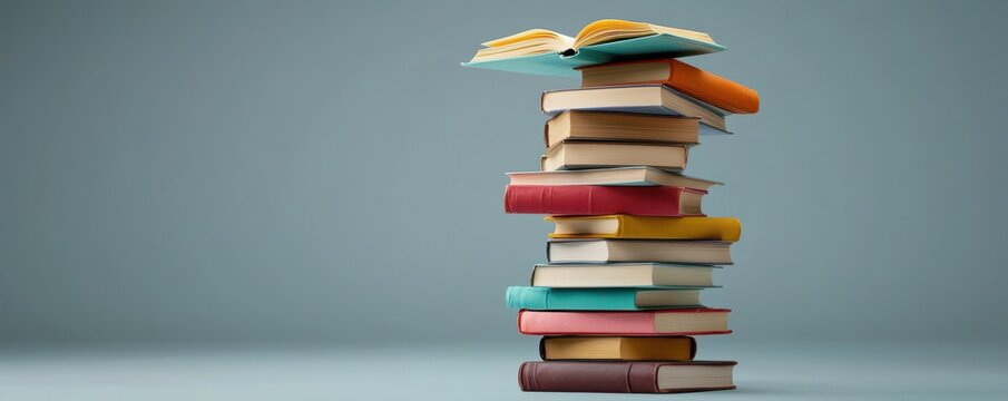 Colorful Stack of Books with Opened Novel