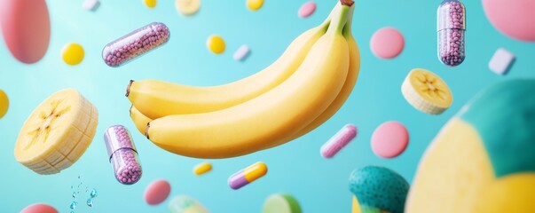 Vibrant Bananas and Vitamin Icons Floating in Air, Healthy Lifestyle Concept, 3D Illustration