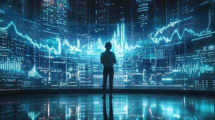 Businessperson Looking at Digital Cityscape with Data Visualization